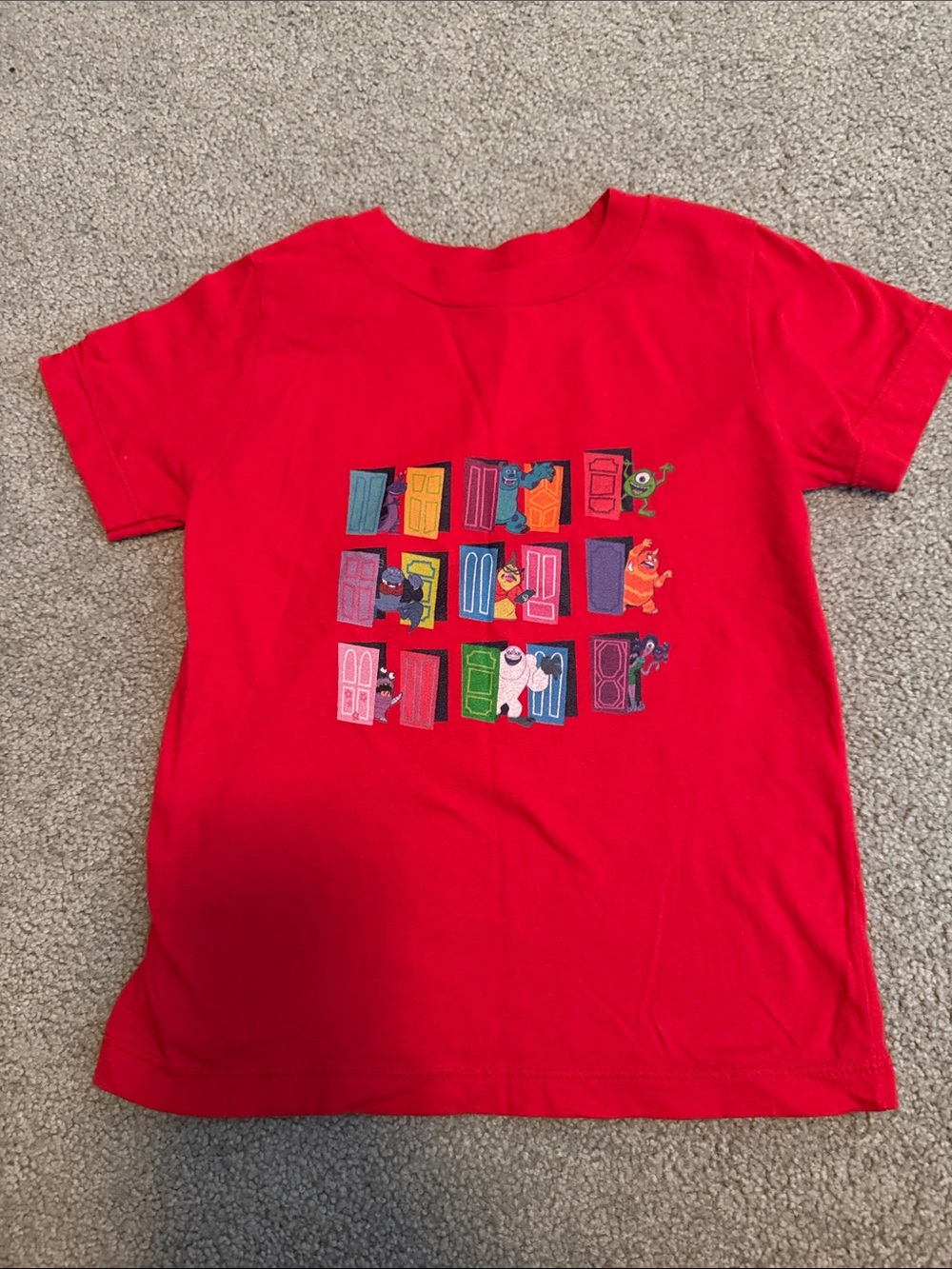 Kids' Red Short-Sleeve Graphic Tee with Colorful Doors